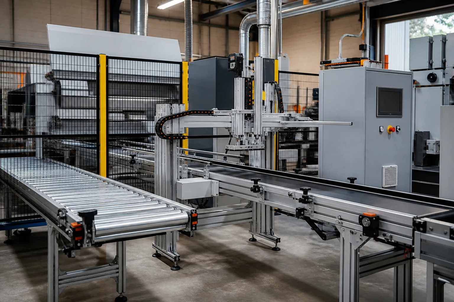 Ligne de production avec convoyeurs et système de transitique